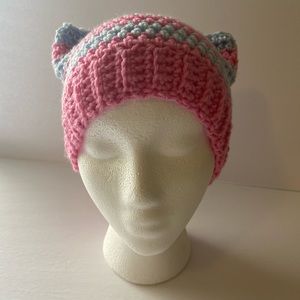 Crochet cat beanie handmade pink blue